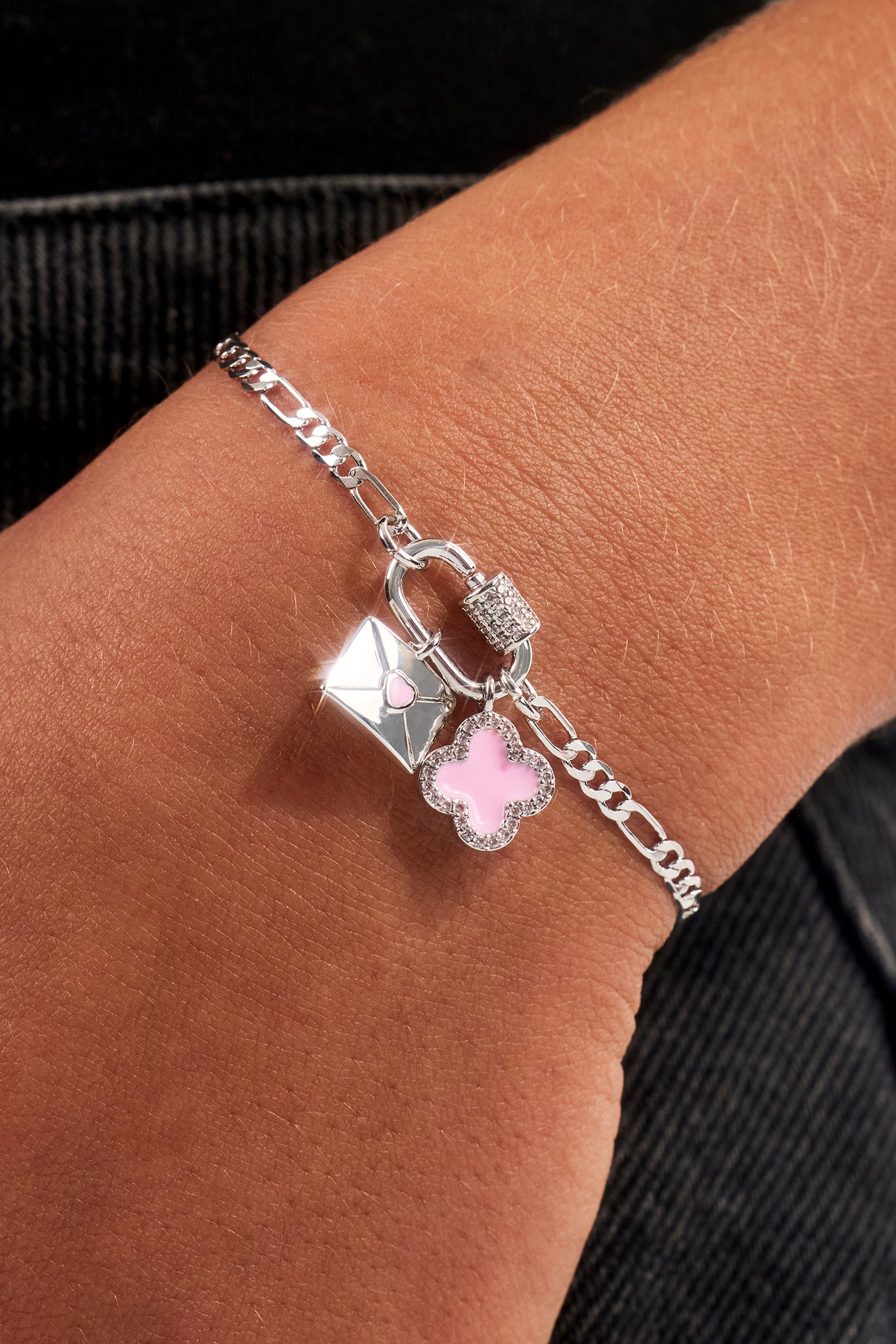 Iced Bar Pendant & Pink Enamel Motif Bracelet - 10mm - White