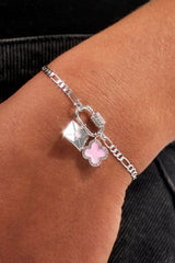 Iced Bar Pendant & Pink Enamel Motif Bracelet - 10mm - White