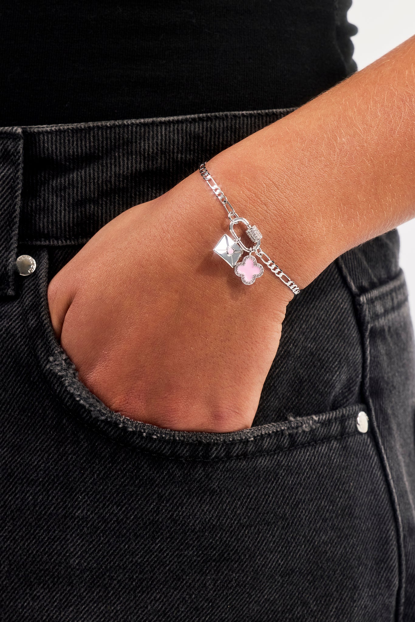 Iced Bar Pendant & Pink Enamel Motif Bracelet - 10mm - White