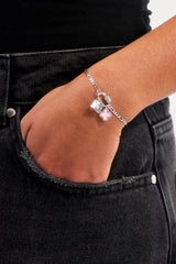 Iced Bar Pendant & Pink Enamel Motif Bracelet - 10mm - White