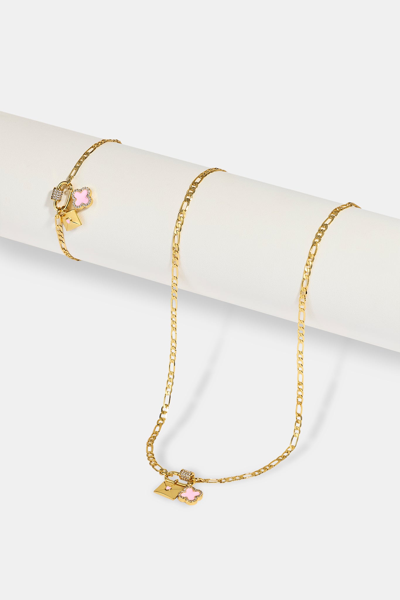 Iced Bar Pendant & Pink Enamel Motif Necklace & Bracelet - 10mm -  Gold