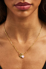 Iced Bar Pendant & Pink Enamel Motif Necklace - 10mm -  Gold