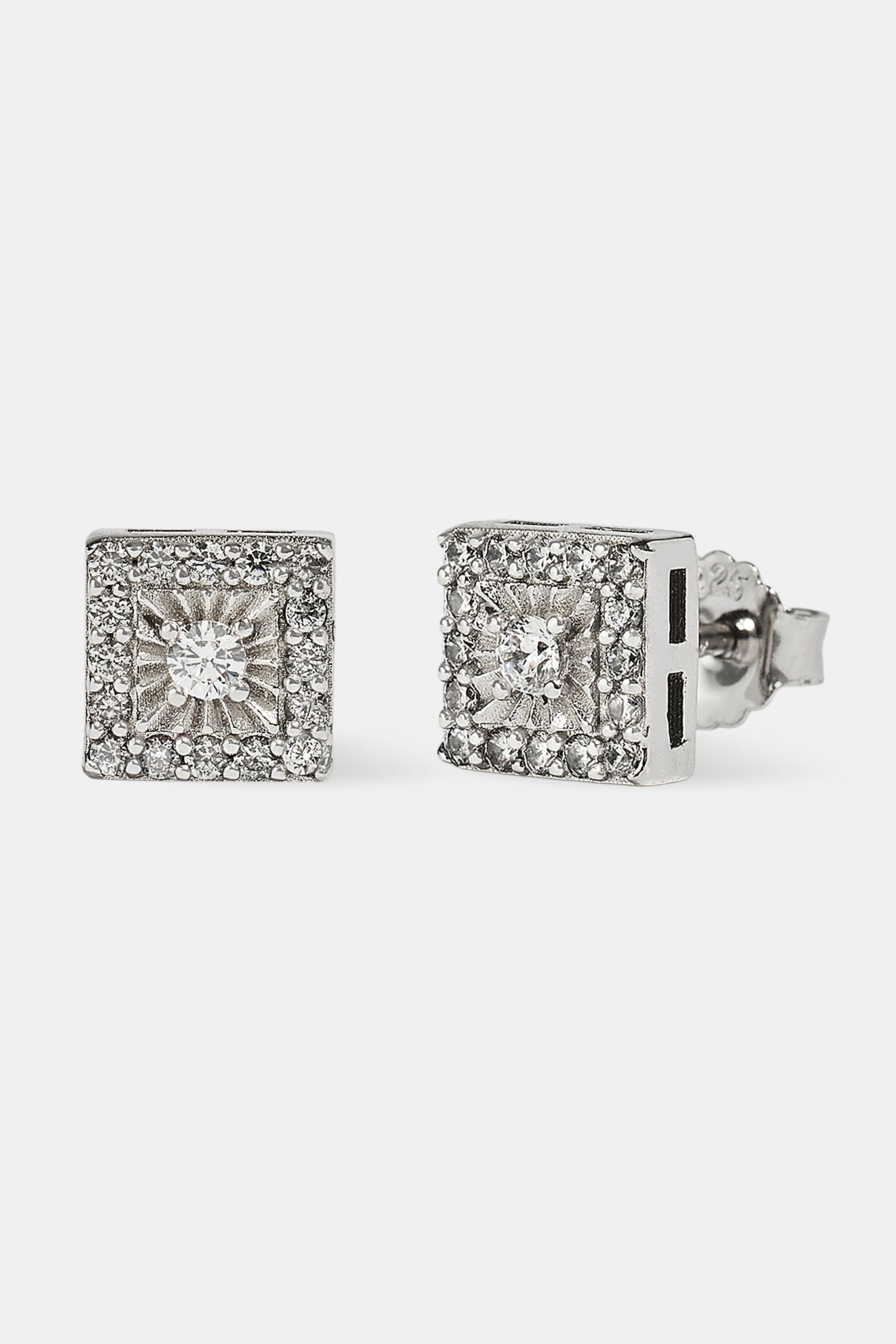 Iced Square CZ Centre Stud Earrings - 7mm - White