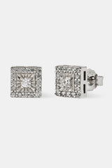 Iced Square CZ Centre Stud Earrings - 7mm - White