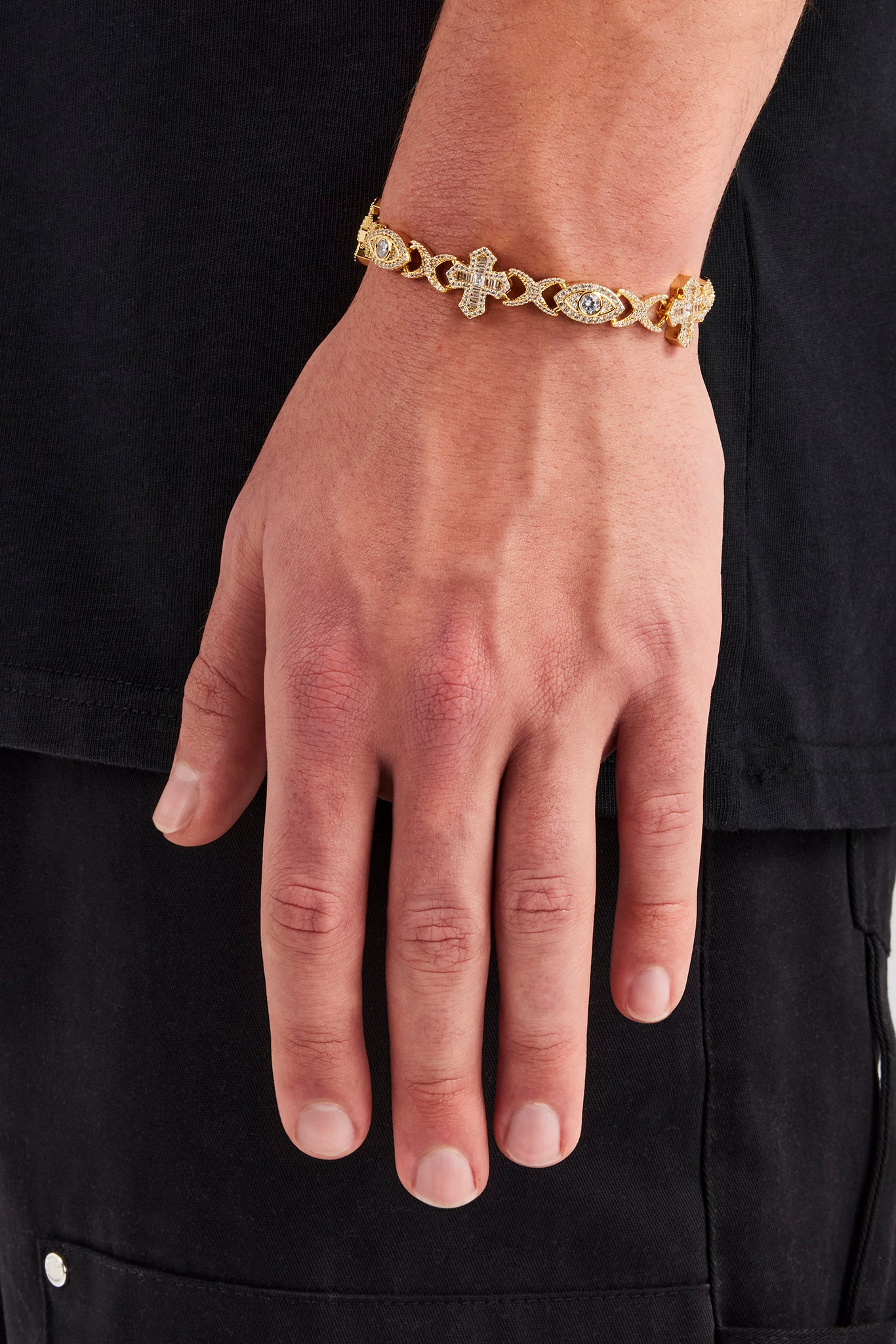 Iced Evil Eye &amp; Cross Infinity Link Armband - 8mm - Gold