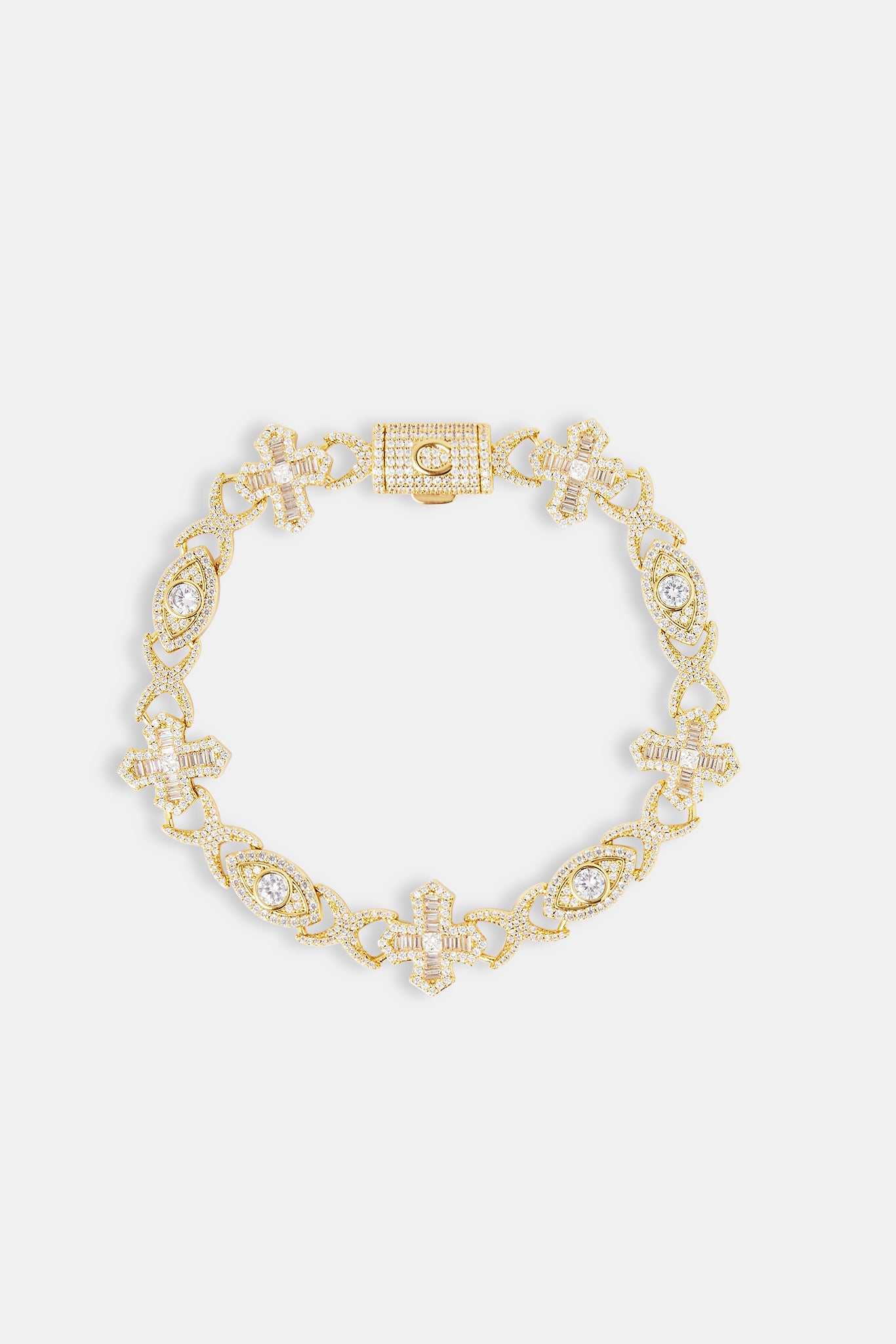 Iced Evil Eye &amp; Cross Infinity Link Armband - 8mm - Gold