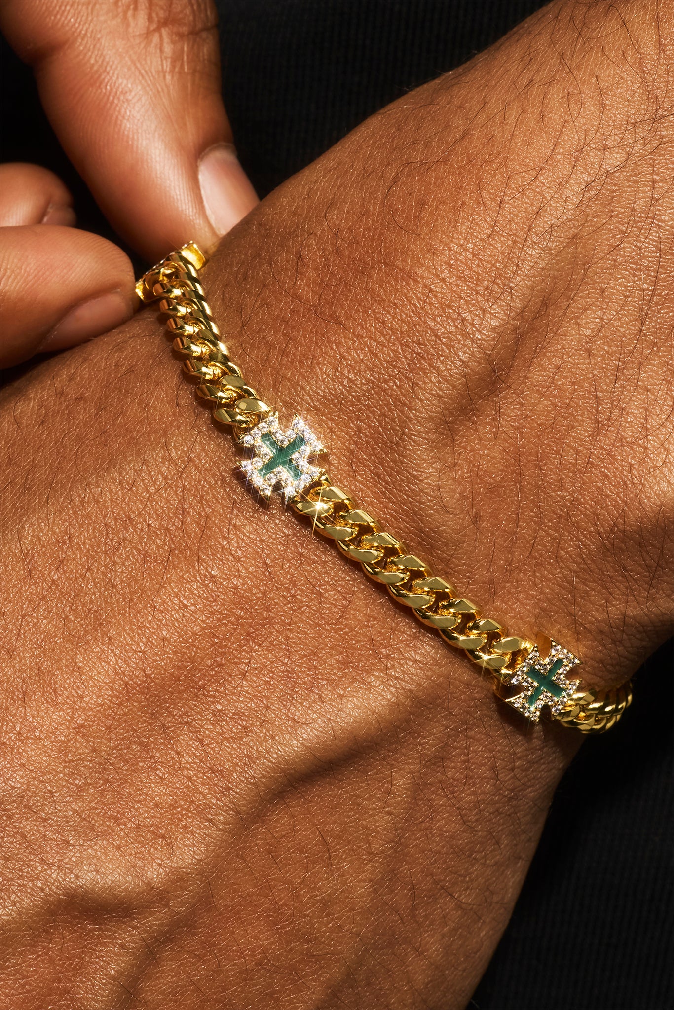 Polished & Green Iced Motif Miami Cuban Bracelet - 8mm - Gold