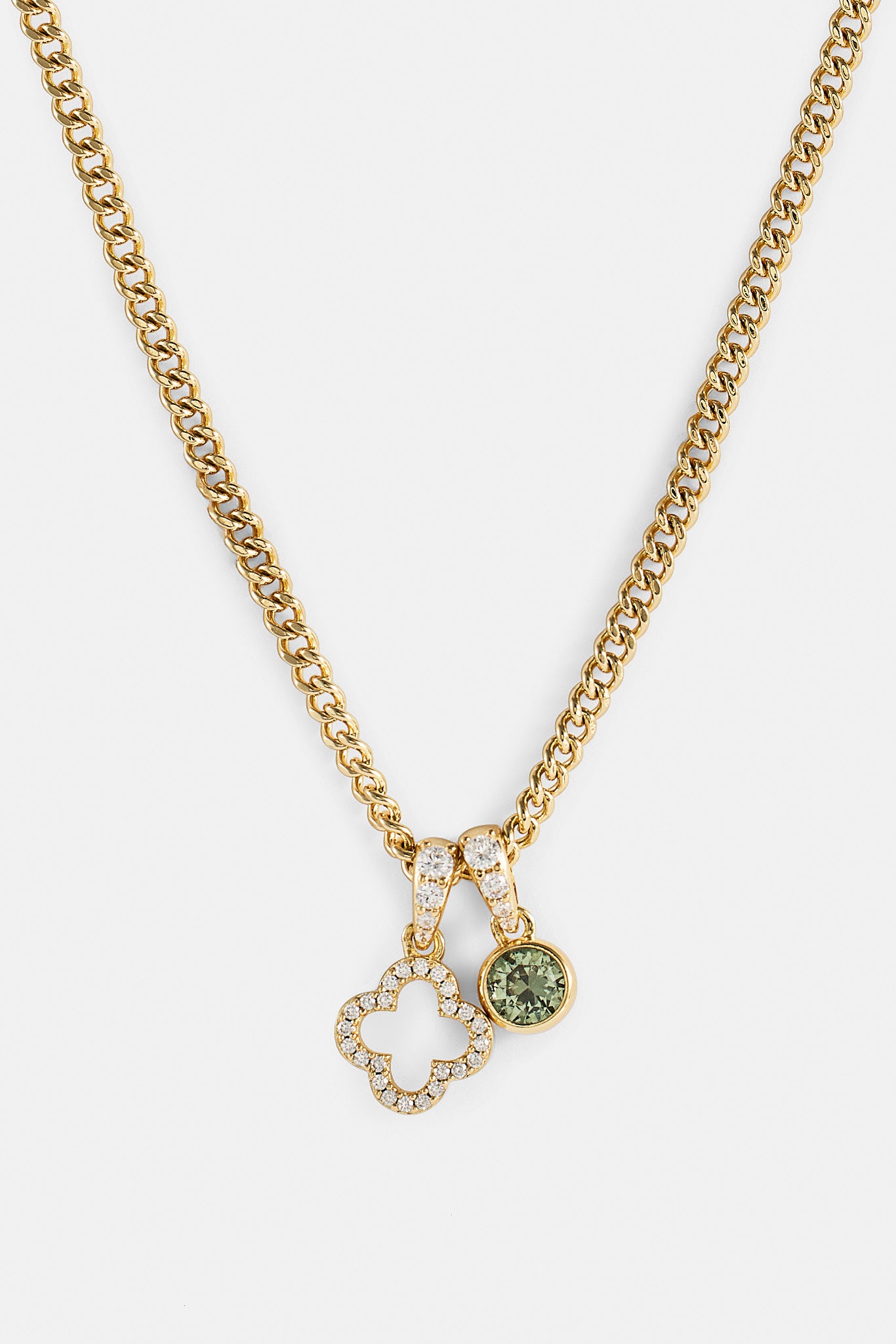 Iced Motif Outline & Green Gemstone Necklace - 10mm - Gold