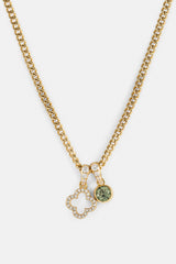 Iced Motif Outline & Green Gemstone Necklace - 10mm - Gold
