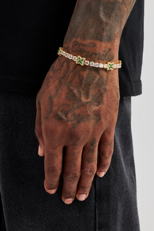 Iced Green Baguette Motif Tennis Bracelet - 5mm - Gold