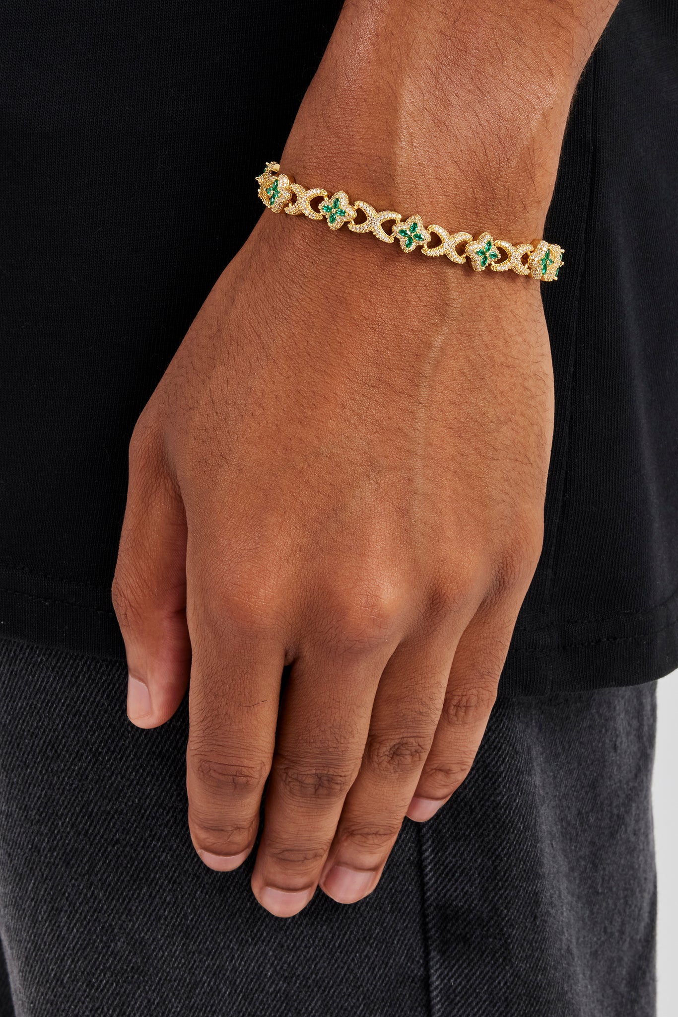 Iced Green Baguette Motif Infinity Bracelet - 10mm - Gold | Mens