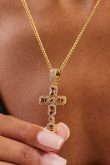 Iced Chocolate Gemstone Cross Cuban Necklace - 40mm - Gold