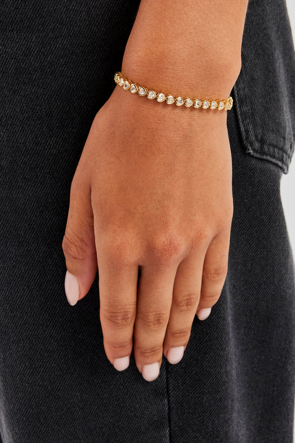 Iced Horizontal Heart Tennis Bracelet - 3mm - Gold