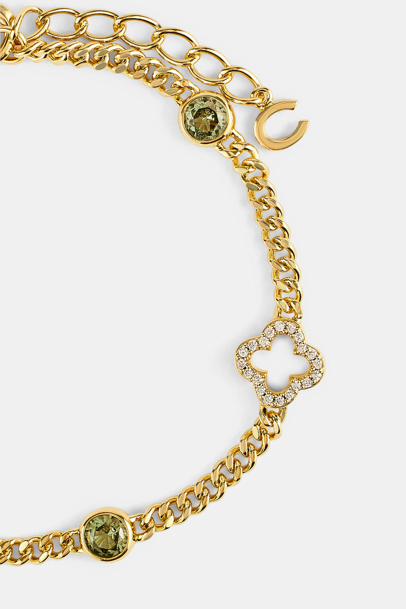 Iced Motif Outline & Green Gemstone Micro Cuban Bracelet - 2.5mm - Gold