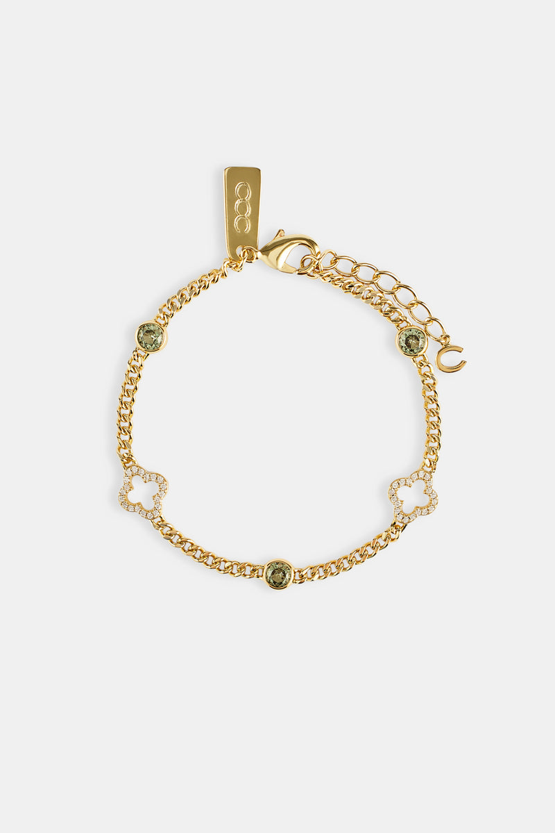 Iced Motif Outline & Green Gemstone Micro Cuban Bracelet - 2.5mm - Gold