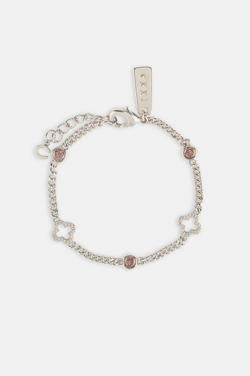Iced Motif Outline & Pink Gemstone Micro Cuban Bracelet - 2.5mm