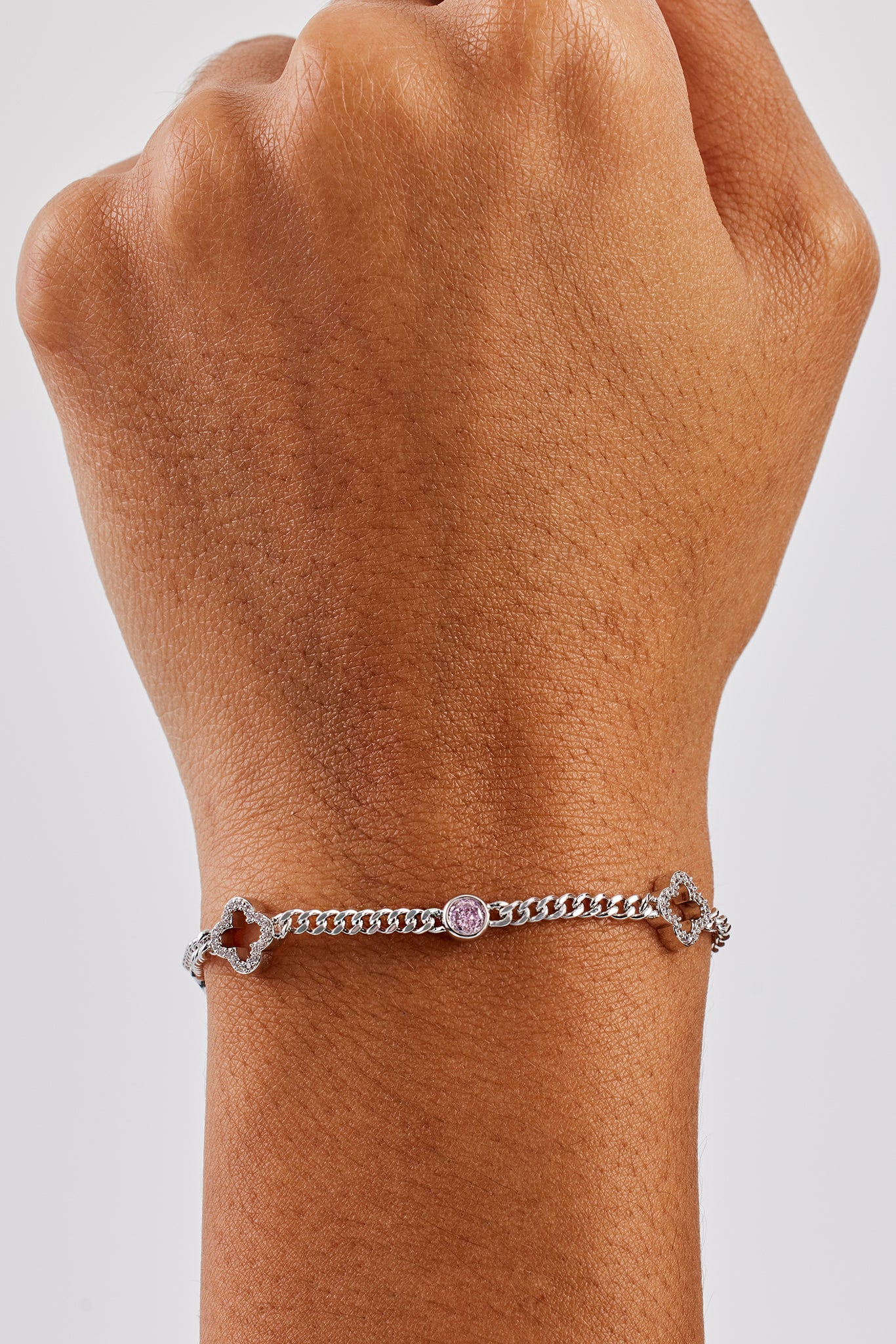 Iced Motif Outline & Pink Gemstone Micro Cuban Bracelet - 2.5mm