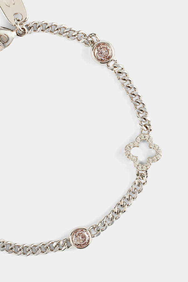 Mikro-kubanisches Armband mit Eismotiv-Umriss und rosa Edelstein – 2,5 mm – Weiß
