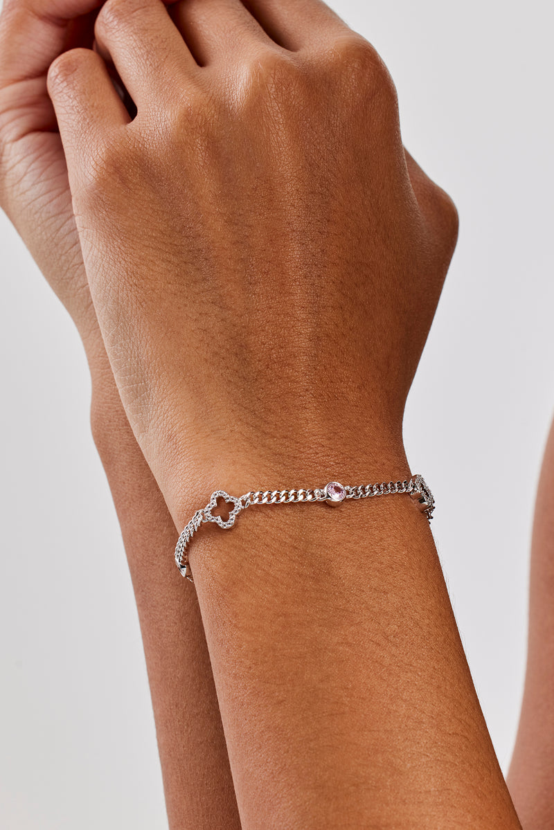 Iced Motif Outline & Pink Gemstone Micro Cuban Bracelet - 2.5mm