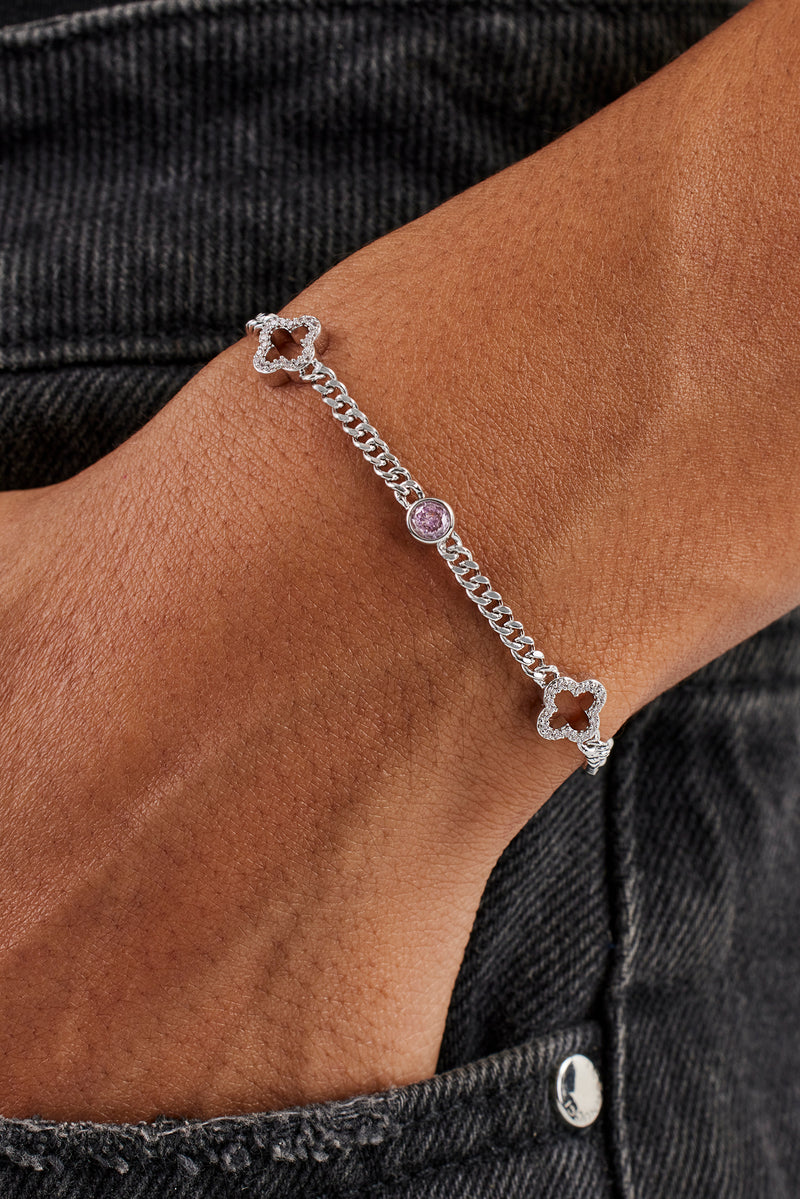 Iced Motif Outline & Pink Gemstone Micro Cuban Bracelet - 2.5mm