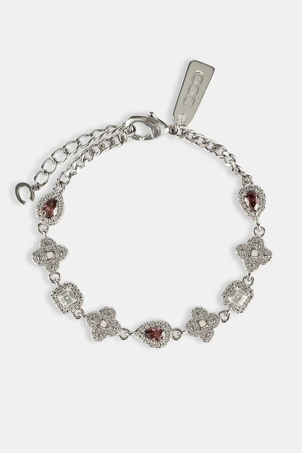 Iced Pink Multi Gemstone Cuban Bracelet & Chain - 3mm - White