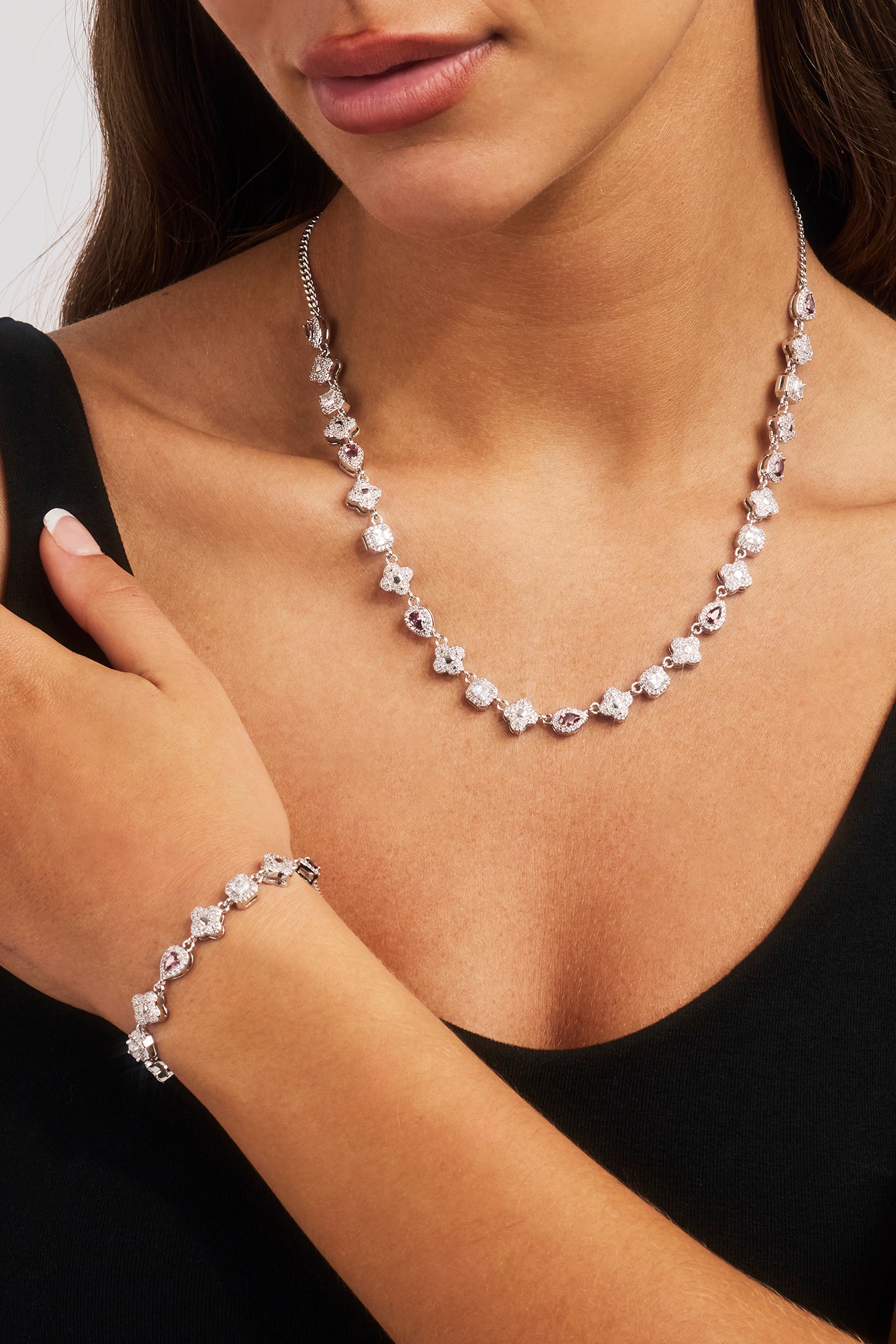 Iced Pink Multi Gemstone Cuban Bracelet & Chain - 3mm - White