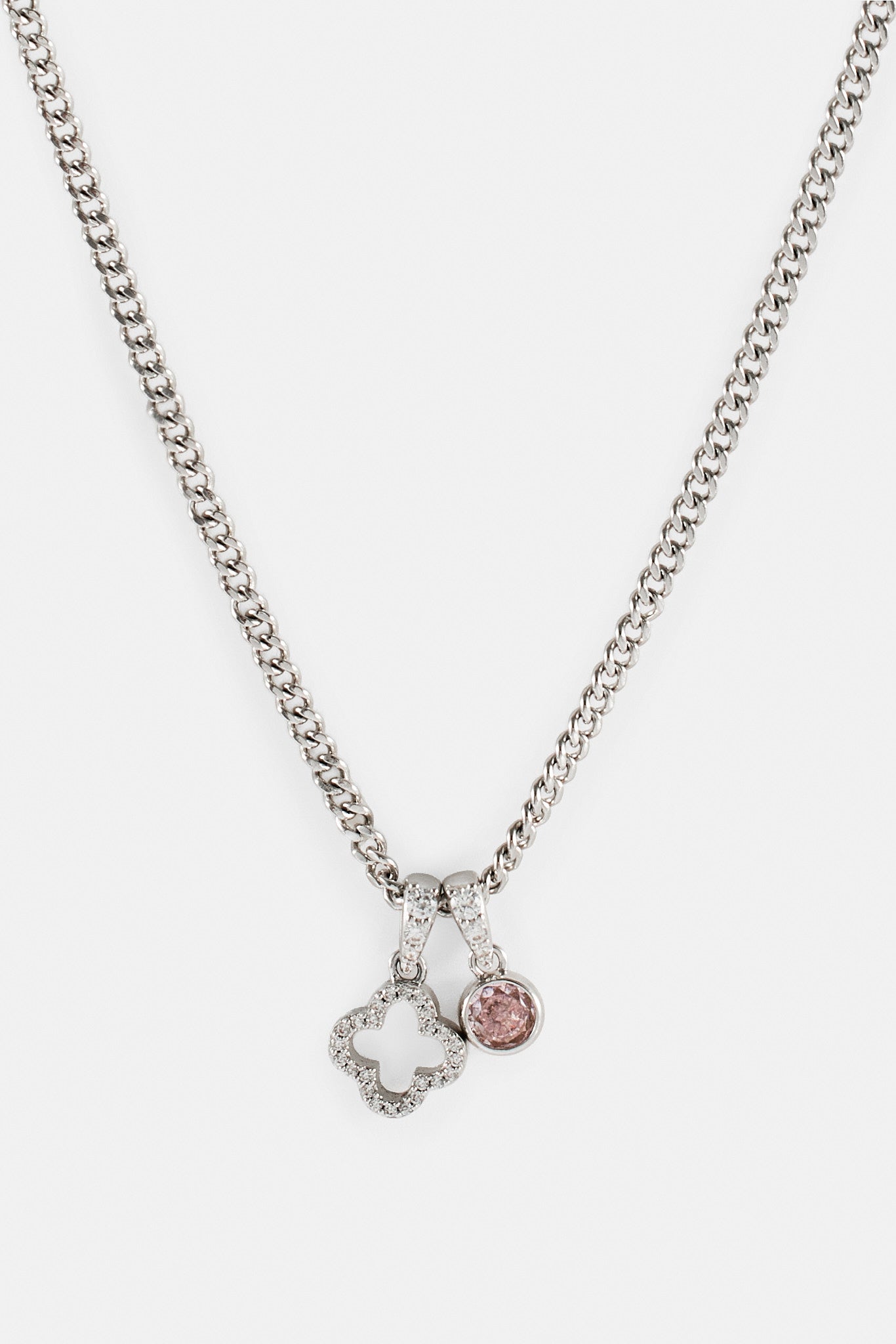Iced Motif Outline & Pink Gemstone Necklace - 10mm - White