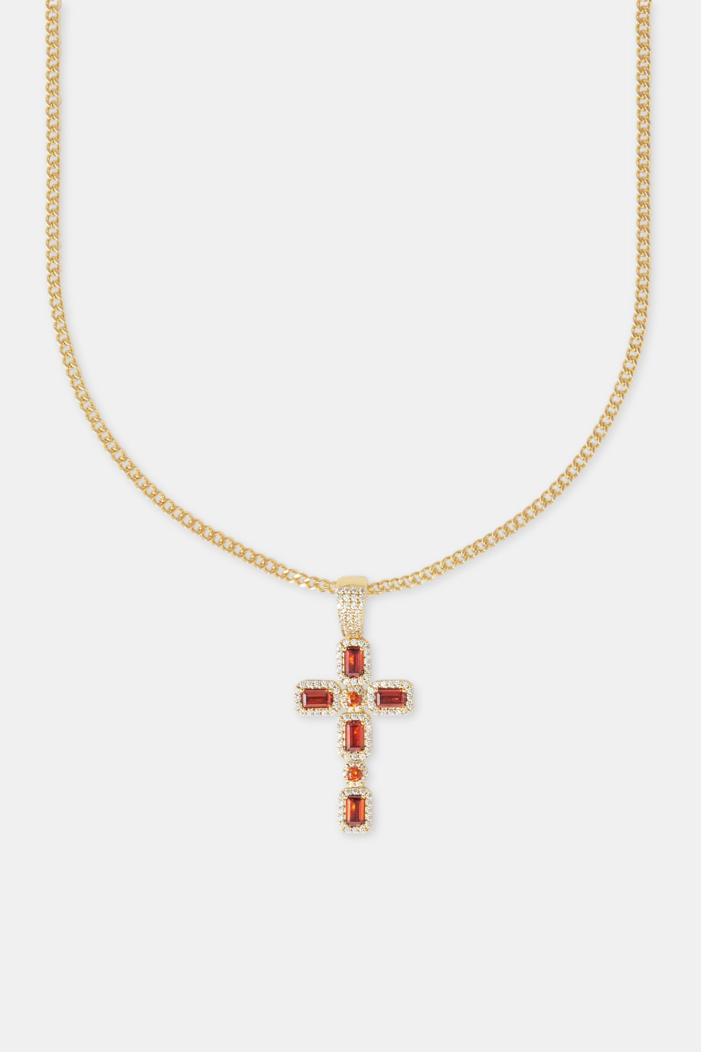 Iced Red Gemstone Cross Cuban Necklace - 40mm