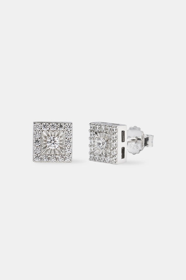 Iced Square Centre Stone Stud Earrings - 8mm