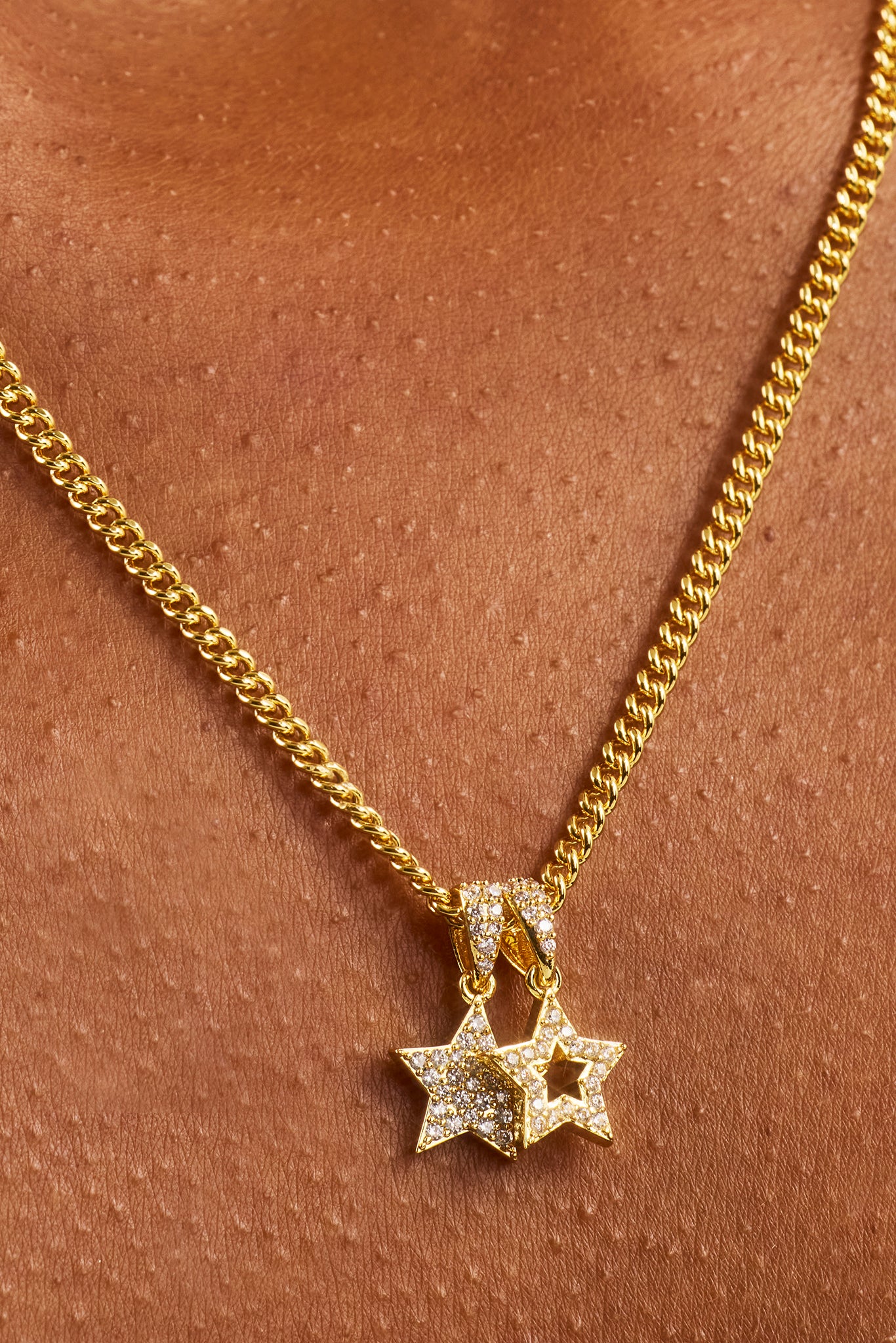 CZ Star & Outline Motif Necklace - 10mm - Gold