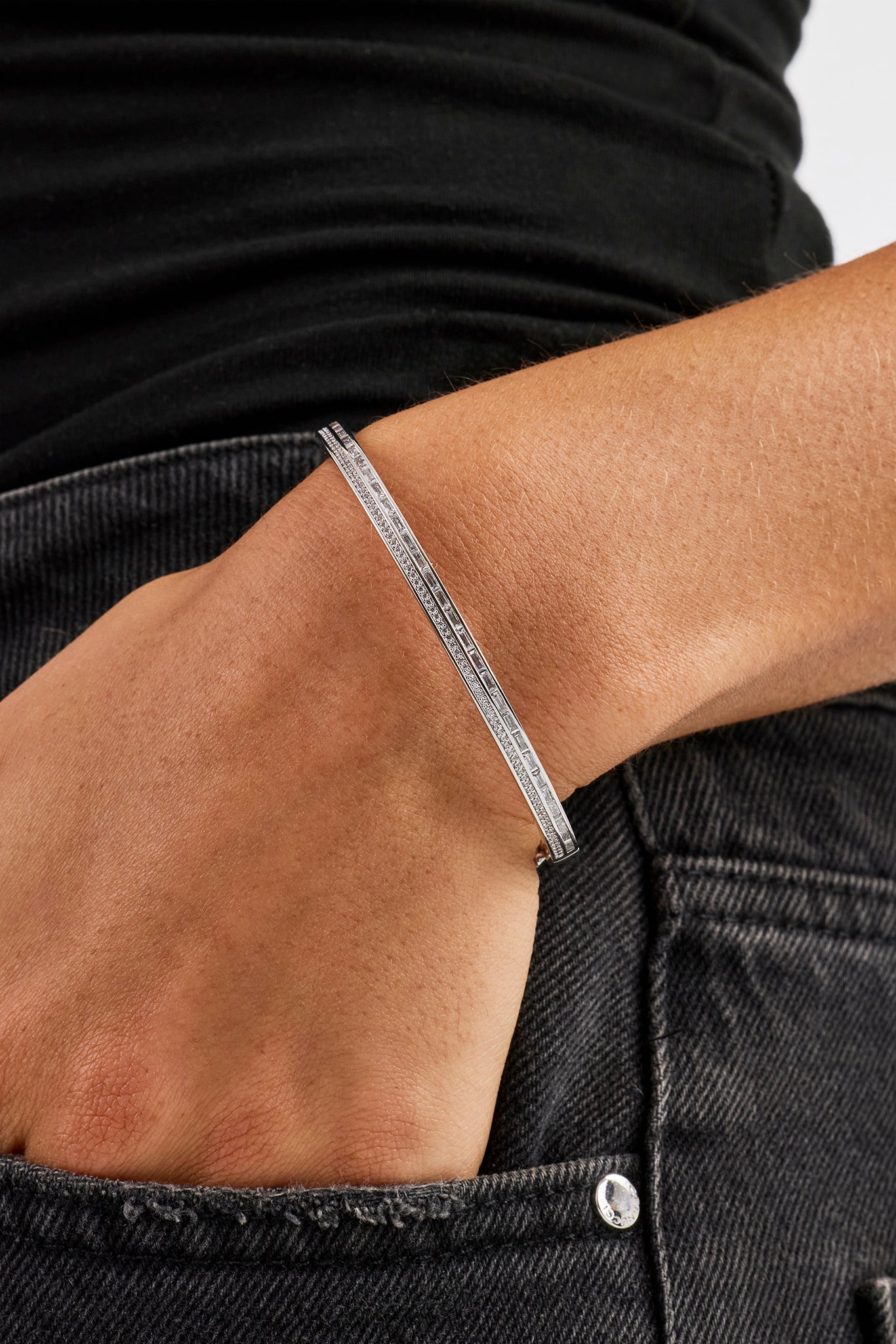 Iced Tennis & Baguette Stone Bangle - 4mm - White