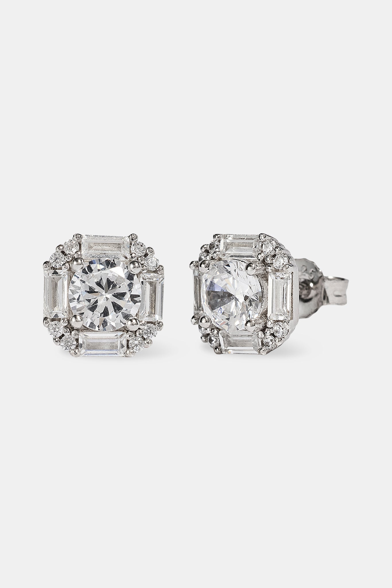 Iced CZ Baguette Square Stud Earrings - 10mm - White