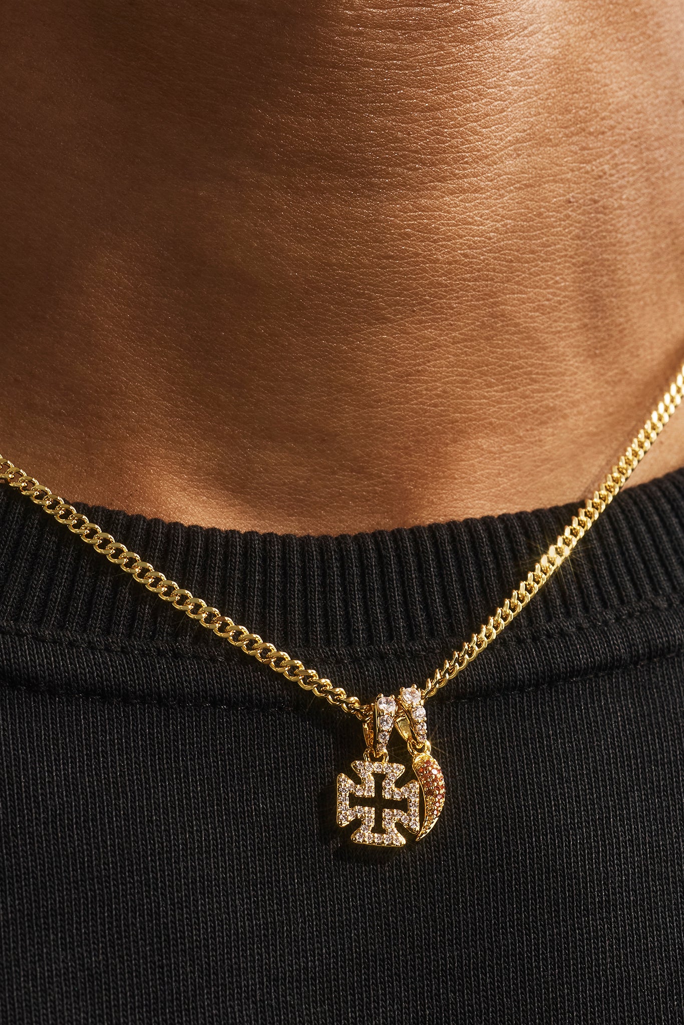 Iced Micro Cross & Chilli Necklace - 10mm - Gold