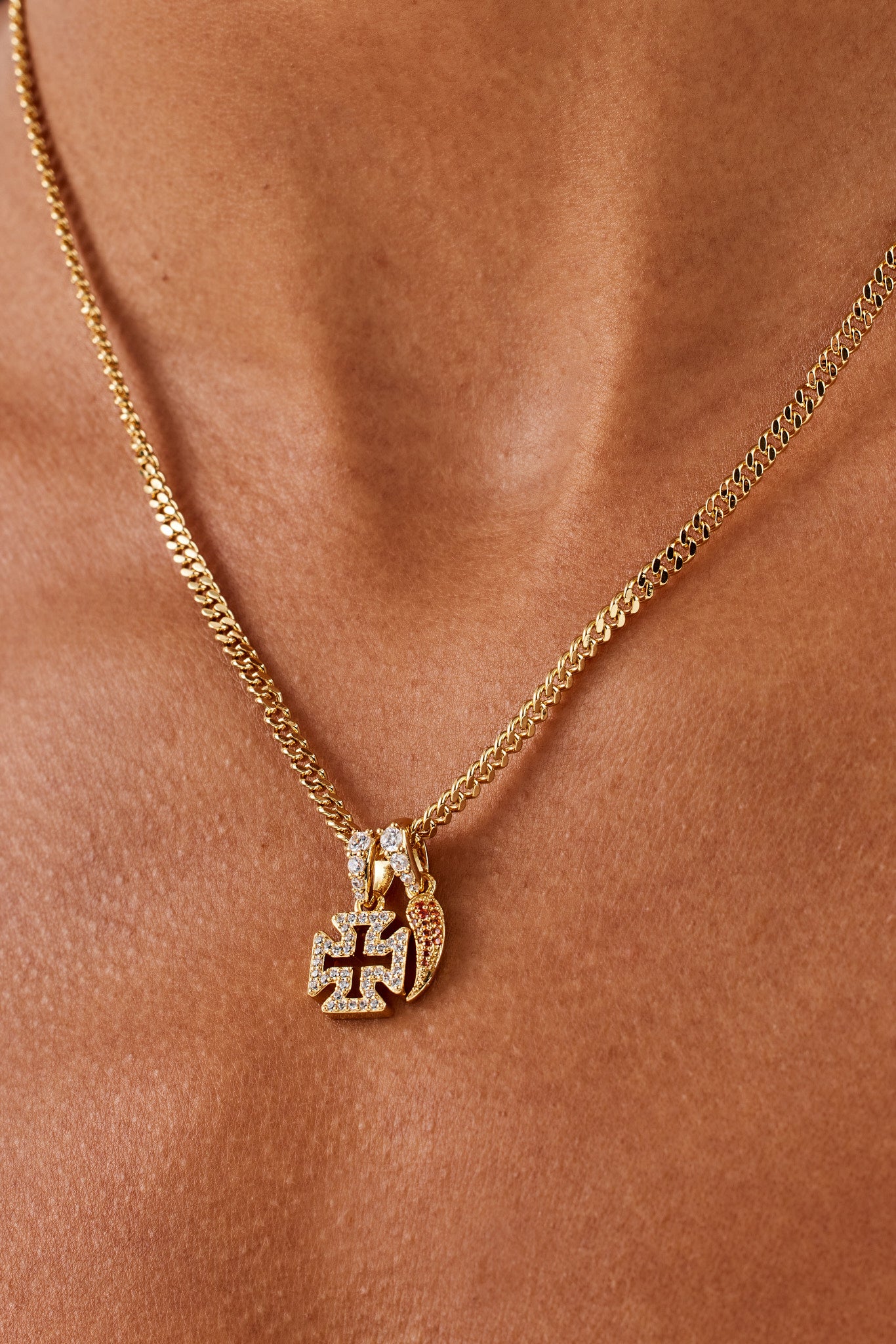 Micro Iced Cross & Chilli Necklace - 10mm | Womens Necklaces