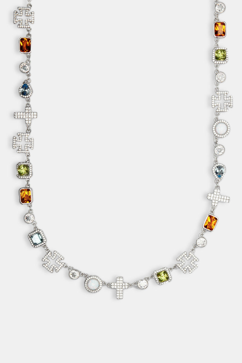 Multi Gemstone & Cross Chain + Bracelet - White