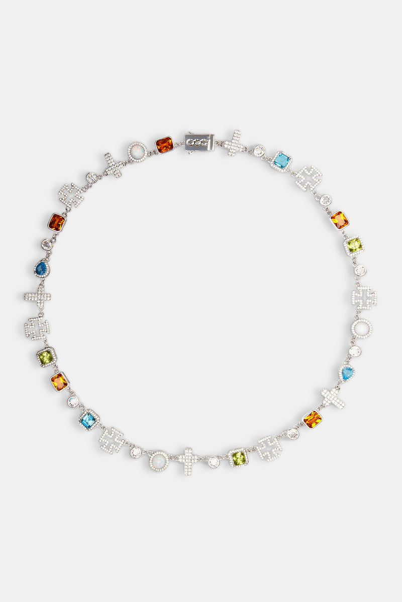 Multi Gemstone & Cross Chain + Bracelet - White