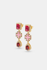 Pink Multi Gem Drop Earrings - Gold