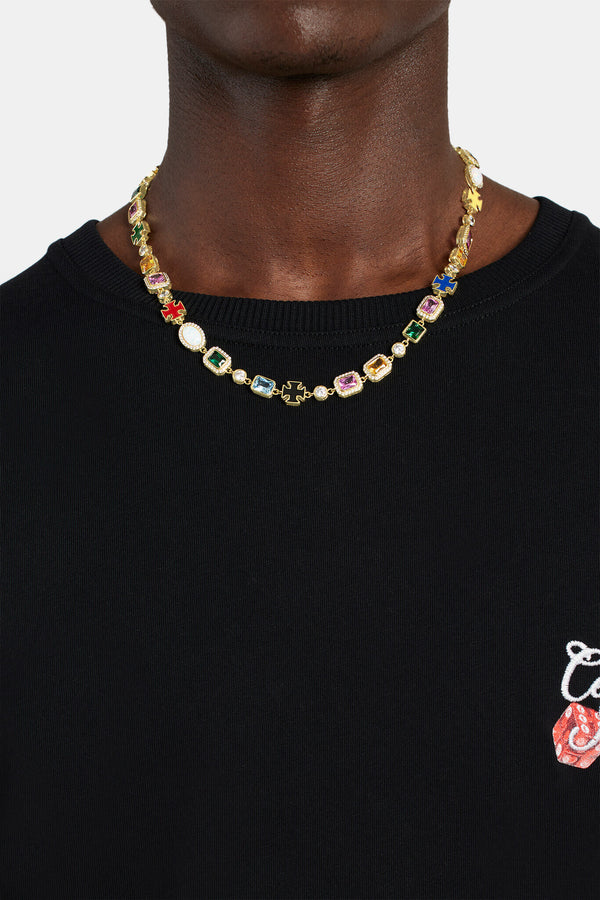 Multi Gemstone Motif Necklace - Gold