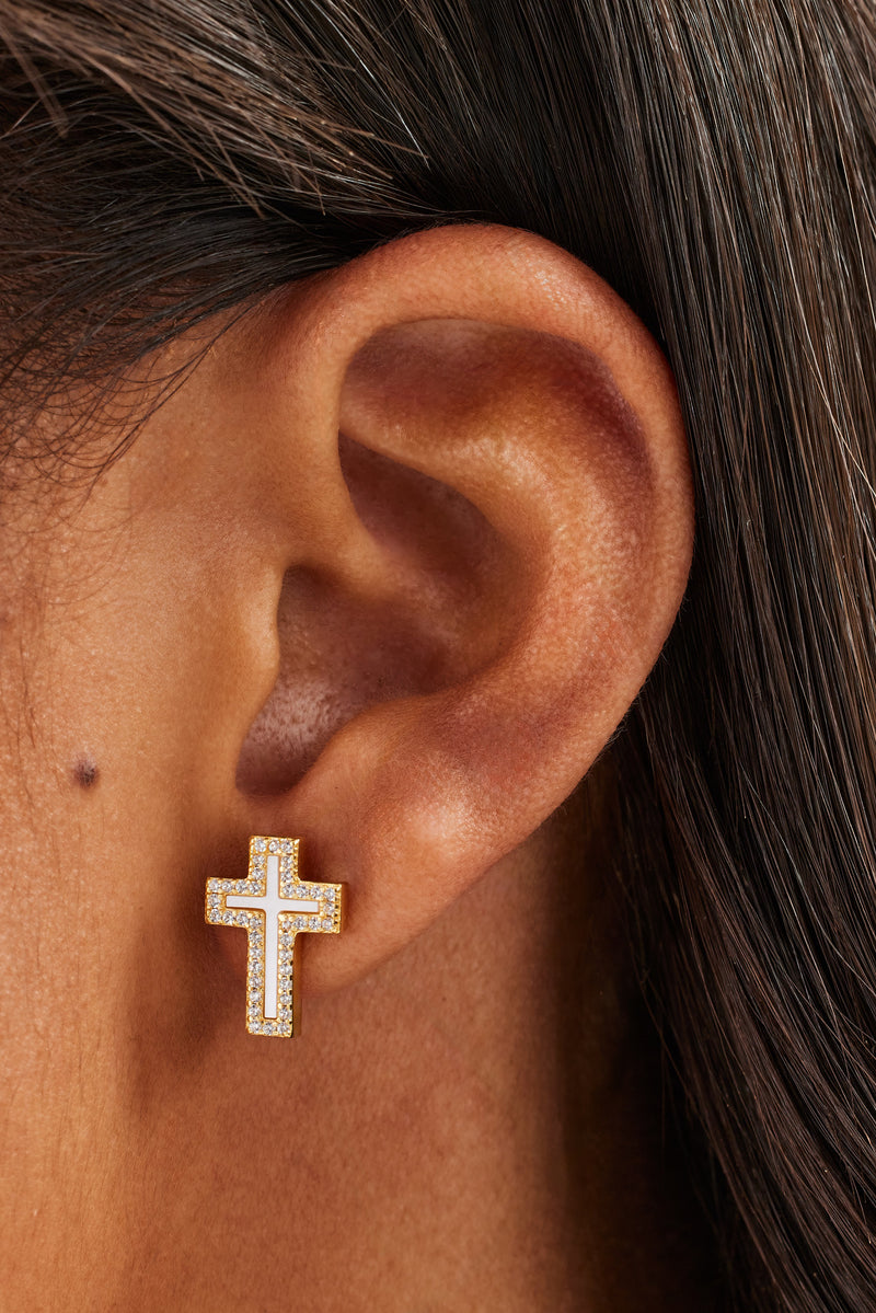 Mother Of Pearl Cross Stud Earrings - 10mm