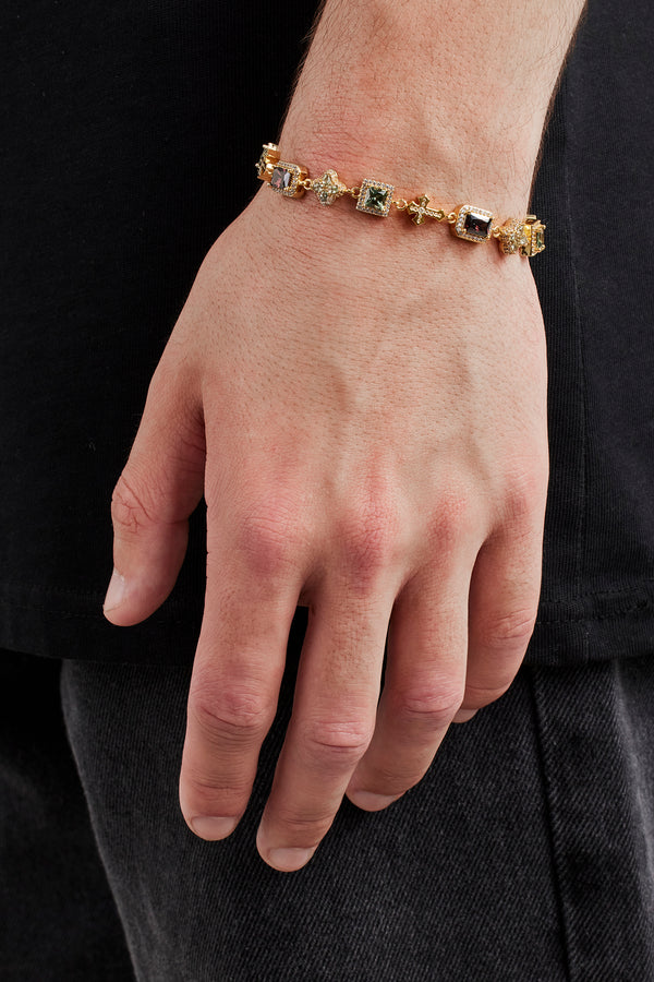 Chocolate Motif & Cross Multi Gemstone Bracelet - 8mm - Gold