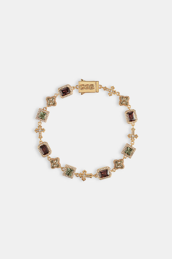 Chocolate Motif & Cross Multi Gemstone Bracelet - 8mm - Gold