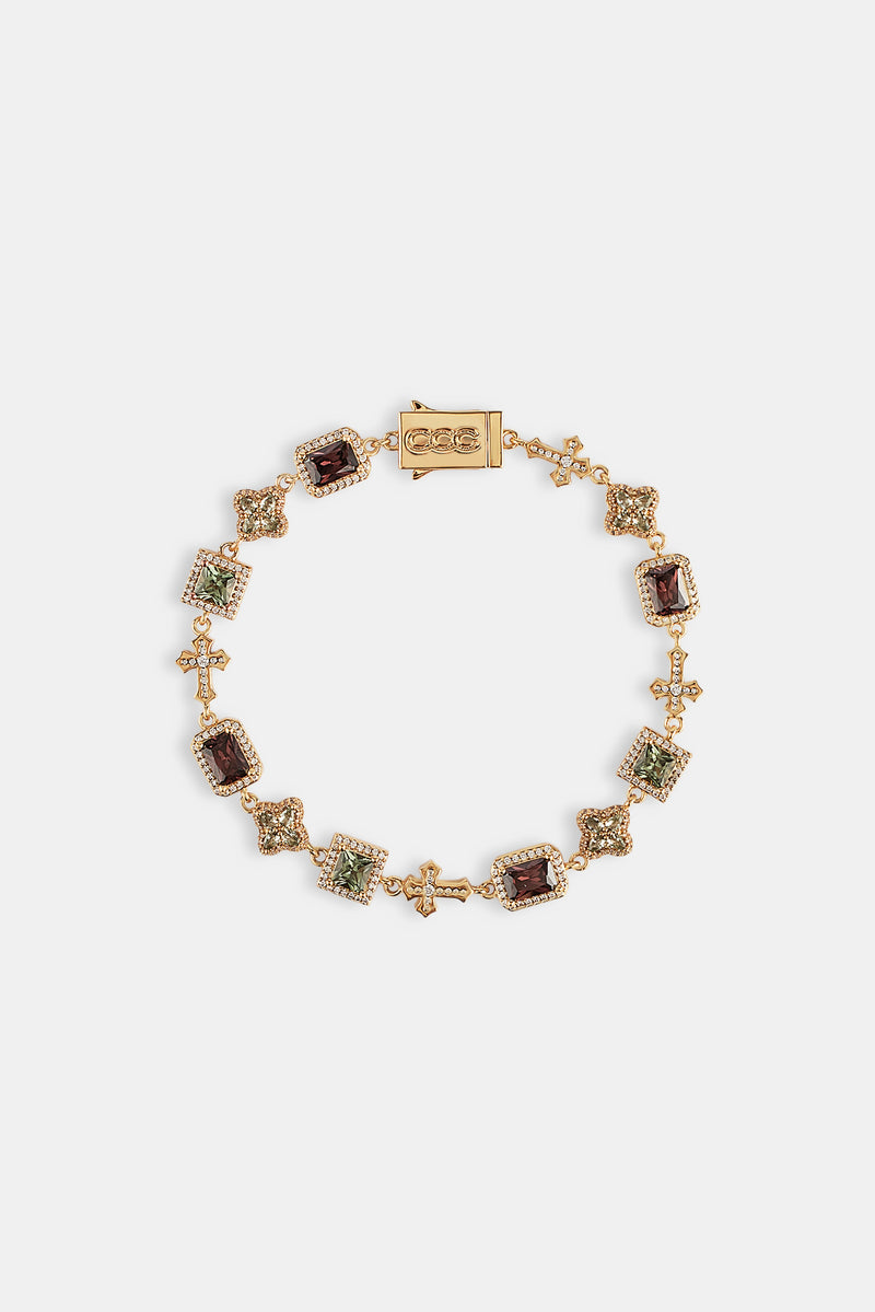 Chocolate Motif & Cross Multi Gemstone Bracelet - 8mm - Gold