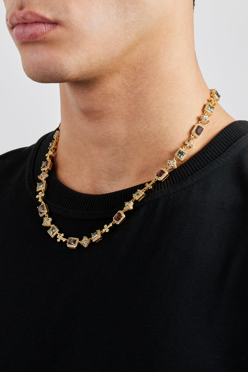 Kette mit Schokoladenmotiv und Kreuz, verziert mit mehreren Edelsteinen – 8 mm – Gold