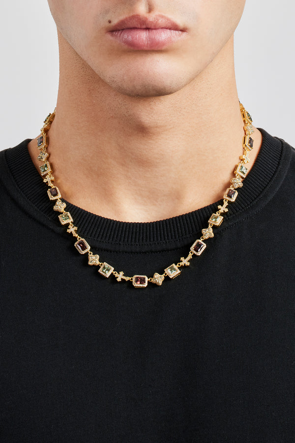 Kette mit Schokoladenmotiv und Kreuz, verziert mit mehreren Edelsteinen – 8 mm – Gold