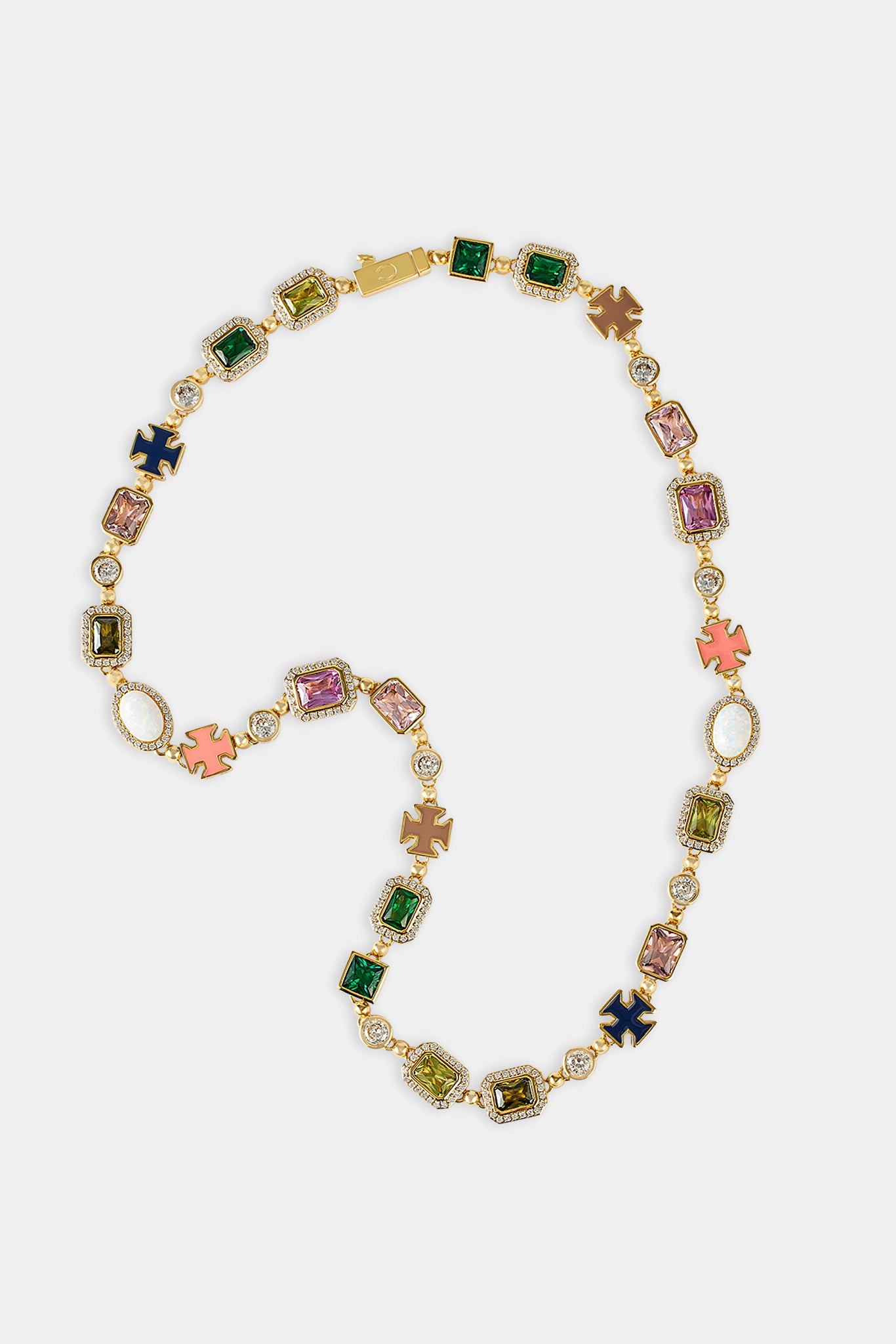 Multi Gemstone Motif Necklace - Gold Pink & Green - 10mm