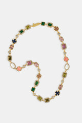 Multi Gemstone Motif Necklace - Gold Pink & Green - 10mm