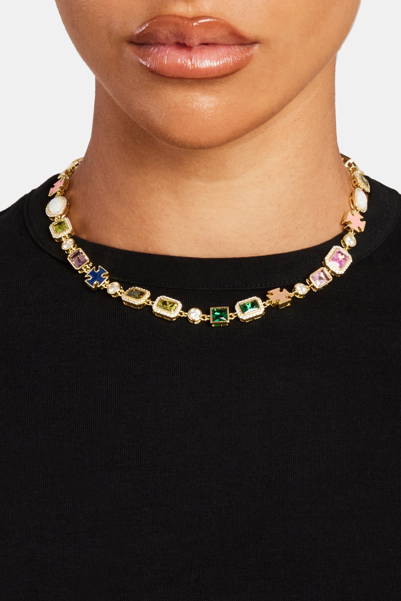 Multi Gemstone Motif Necklace - Gold Pink & Green - 10mm