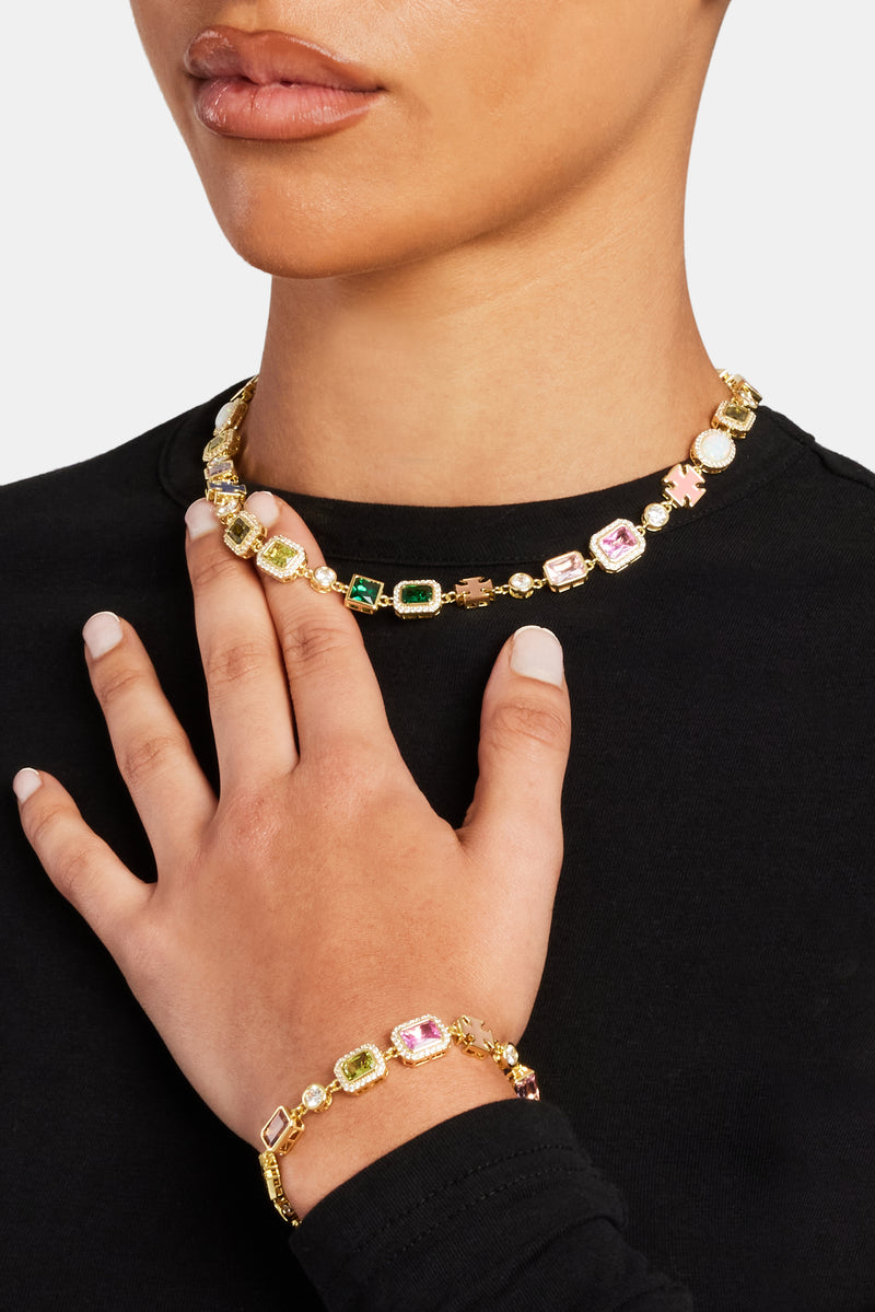 Multi Gemstone Motif Necklace - Gold Pink & Green