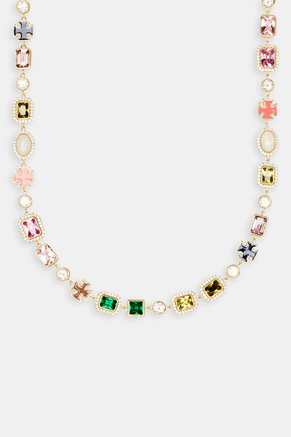 Multi Gemstone Motif Necklace - Gold Pink & Green