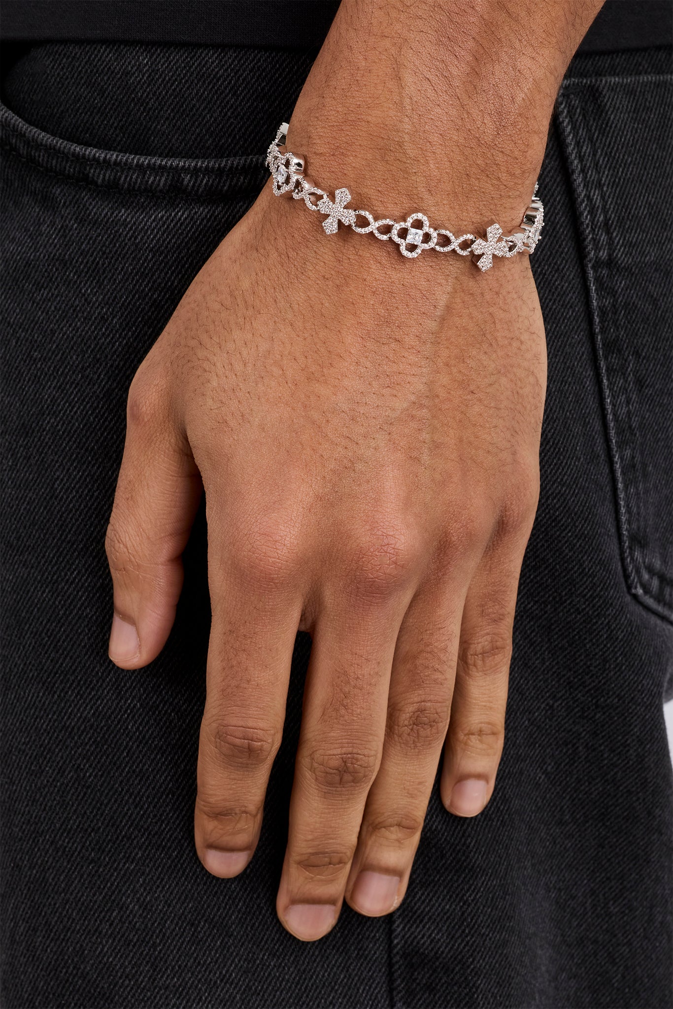 Iced Cross Motif Infinity Bracelet - 8mm - White